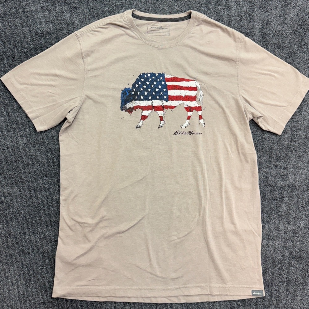 Eddie Bauer Graphic Tee Mens TL Tan Legendwash American Flag Bison Buffalo Shirt